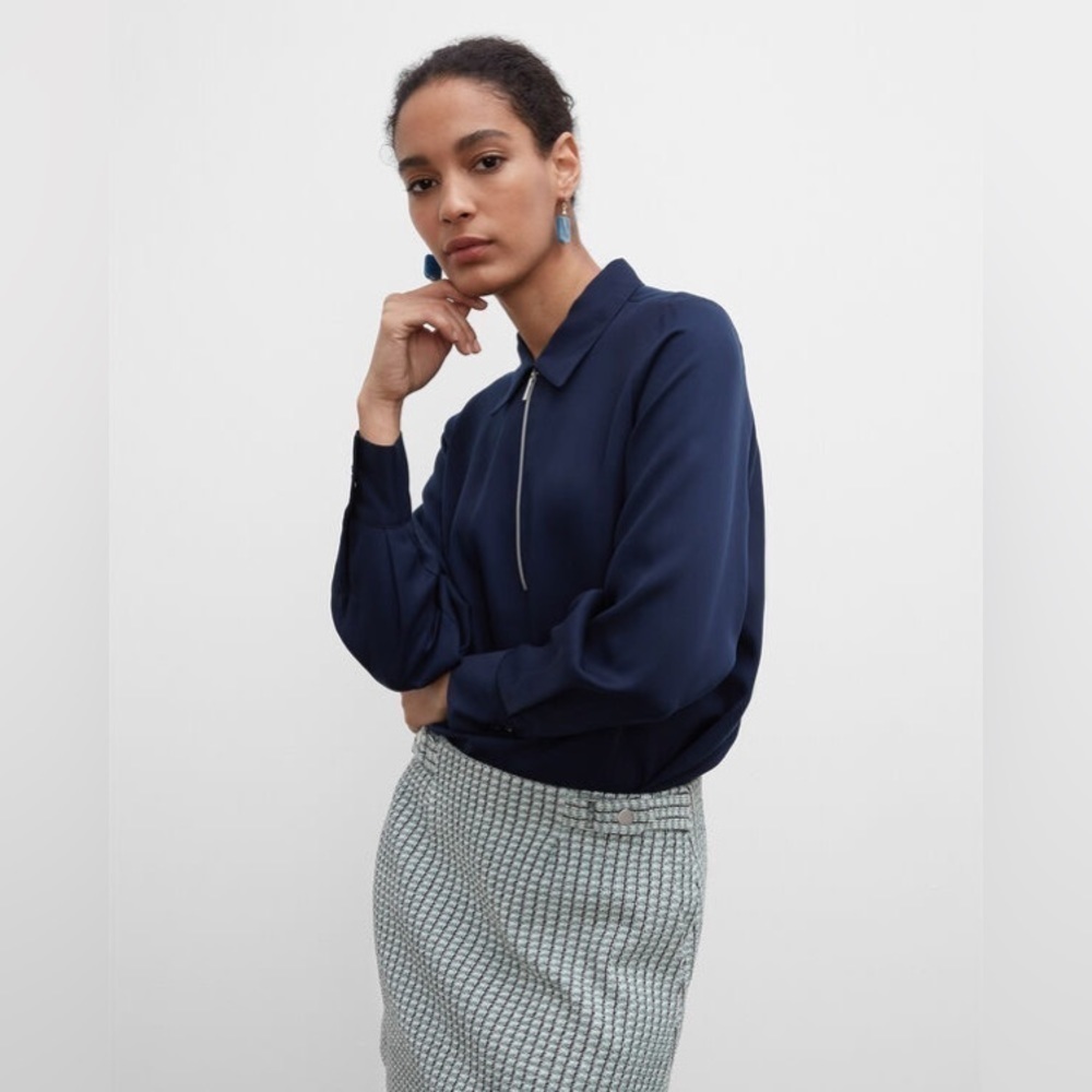 Club Monaco Navy Blue Zip Front Shirt Blouse XS